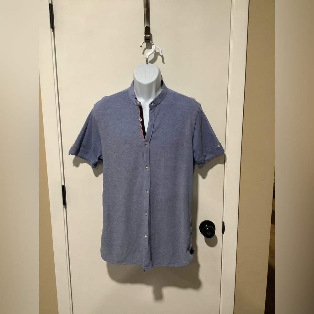 Zara Short Sleeve Button-Down Mandarin Collar Shirt - Light Blue